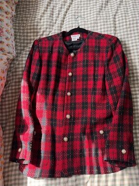 Talbots Red and Black Plaid Wool Pea Coat